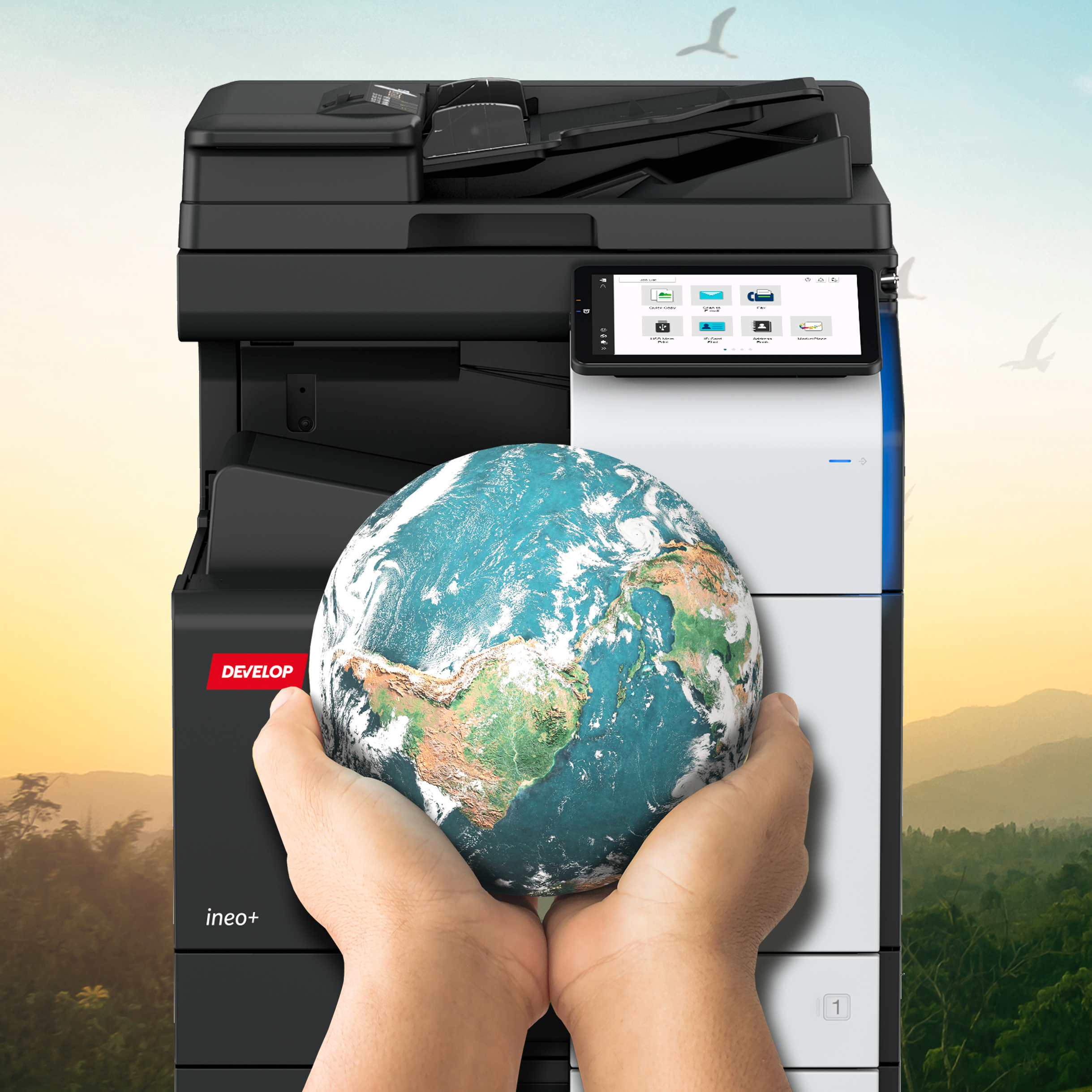 Someone holding globe in front of a photocopier