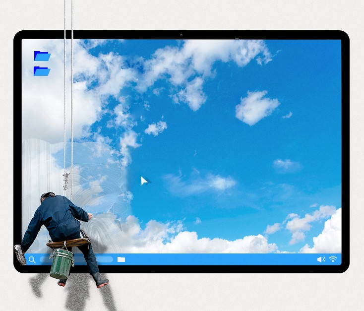 Man cleaning computer tablet.